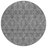 8' Gray Silver And Charcoal Round Floral Washable Indoor Outdoor Area Rug
