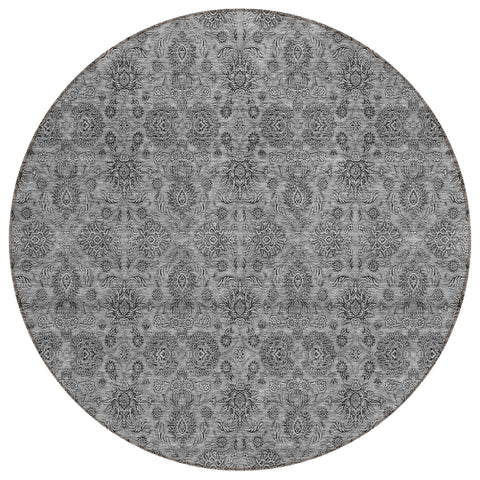 8' Gray Silver And Charcoal Round Floral Washable Indoor Outdoor Area Rug
