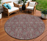 8' Merlot Gray And Taupe Round Floral Washable Indoor Outdoor Area Rug