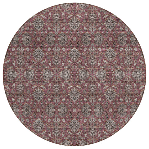 8' Merlot Gray And Taupe Round Floral Washable Indoor Outdoor Area Rug