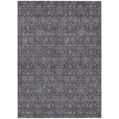 5' X 8' Navy Blue Beige And Taupe Floral Washable Indoor Outdoor Area Rug