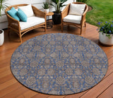 8' Navy Blue Beige And Taupe Round Floral Washable Indoor Outdoor Area Rug