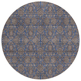 8' Navy Blue Beige And Taupe Round Floral Washable Indoor Outdoor Area Rug
