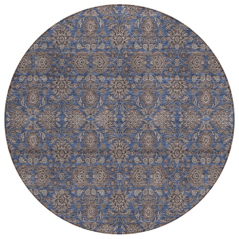 8' Navy Blue Beige And Taupe Round Floral Washable Indoor Outdoor Area Rug