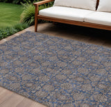 8' X 10' Navy Blue Beige And Taupe Floral Washable Indoor Outdoor Area Rug
