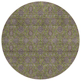 8' Olive Green Beige And Taupe Round Floral Washable Indoor Outdoor Area Rug