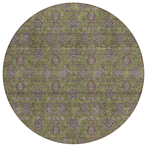 8' Olive Green Beige And Taupe Round Floral Washable Indoor Outdoor Area Rug