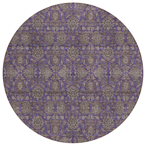 8' Purple Beige And Taupe Round Floral Washable Indoor Outdoor Area Rug