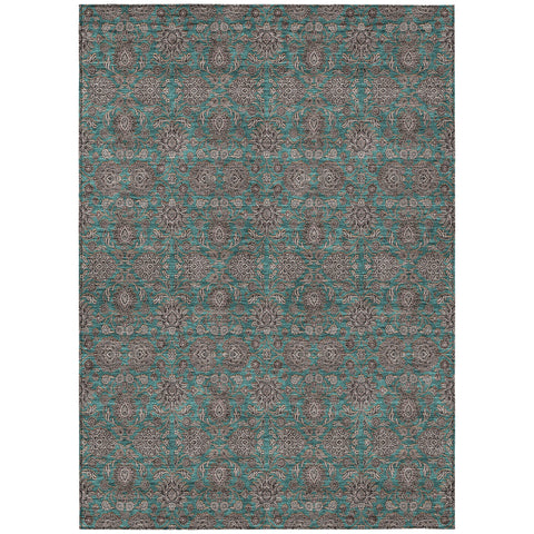 3' X 5' Teal Blue Beige And Taupe Floral Washable Indoor Outdoor Area Rug