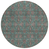 8' Teal Blue Beige And Taupe Round Floral Washable Indoor Outdoor Area Rug