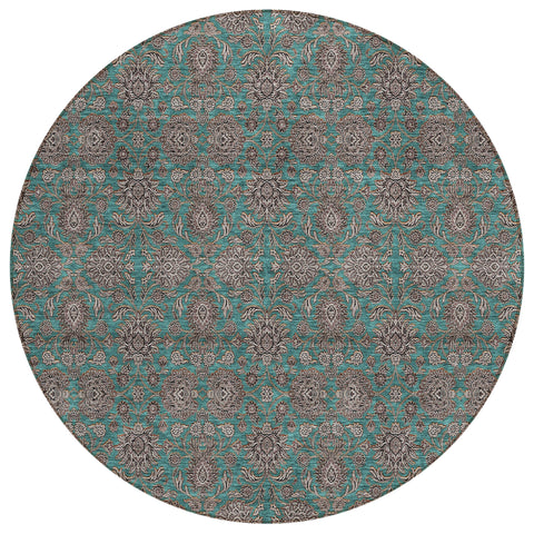 8' Teal Blue Beige And Taupe Round Floral Washable Indoor Outdoor Area Rug