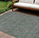 8' X 10' Teal Blue Beige And Taupe Floral Washable Indoor Outdoor Area Rug