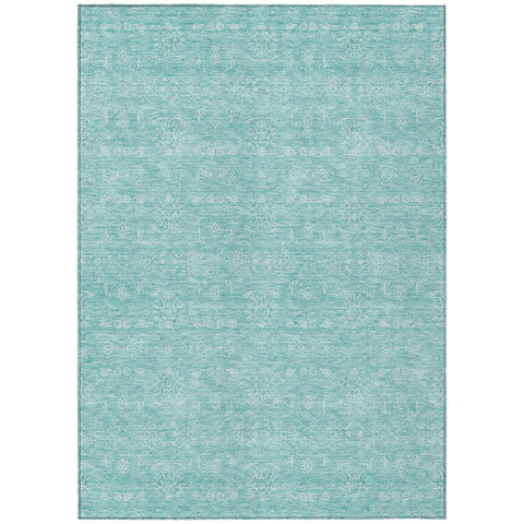 5' X 8' Aqua And Ivory Floral Washable Indoor Outdoor Area Rug