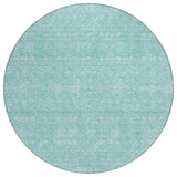 8' Aqua And Ivory Round Floral Washable Indoor Outdoor Area Rug