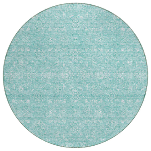 8' Aqua And Ivory Round Floral Washable Indoor Outdoor Area Rug