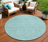 8' Aqua And Ivory Round Floral Washable Indoor Outdoor Area Rug