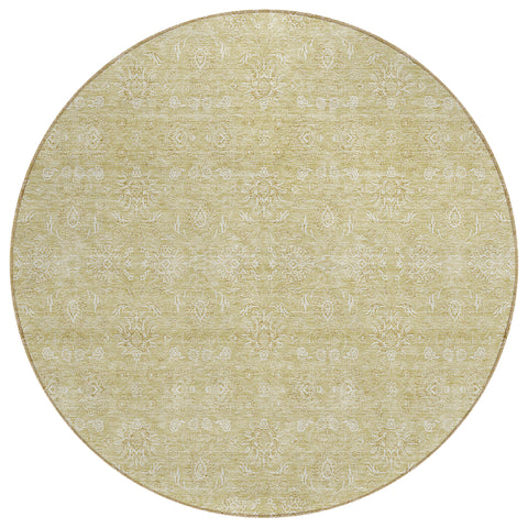 8' Beige Tan And Ivory Round Floral Washable Indoor Outdoor Area Rug