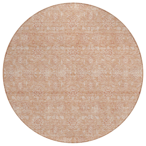 8' Copper And Beige Round Floral Washable Indoor Outdoor Area Rug