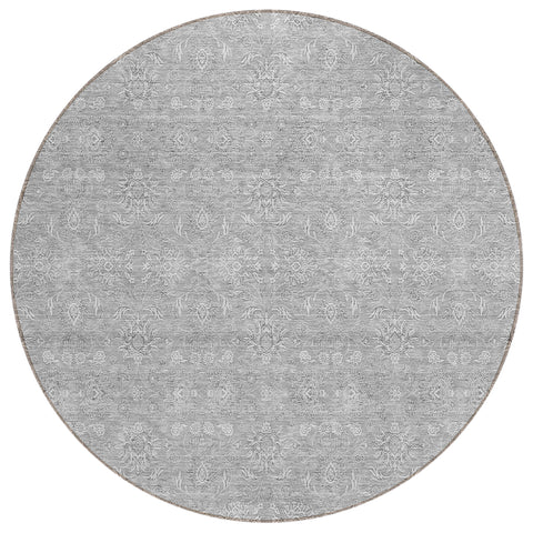 8' Gray Silver And Ivory Round Floral Washable Indoor Outdoor Area Rug