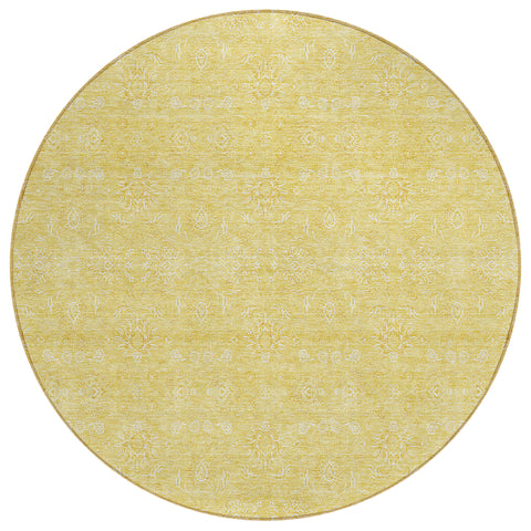 8' Yellow Gold And Ivory Round Floral Washable Indoor Outdoor Area Rug