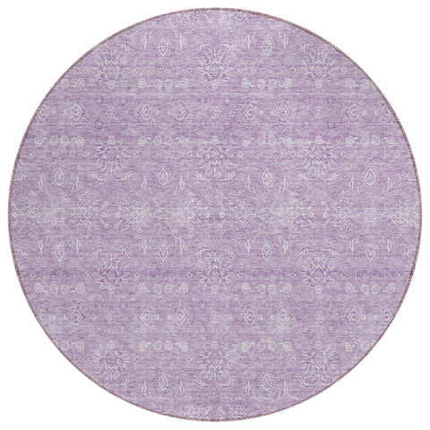 8' Lavender Lilac And Ivory Round Floral Washable Indoor Outdoor Area Rug
