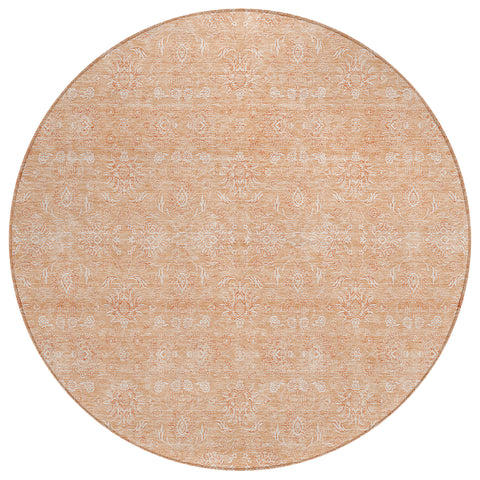 8' Peach And Ivory Round Floral Washable Indoor Outdoor Area Rug