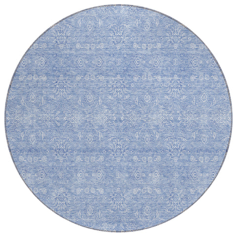 8' Sky Blue And Ivory Round Floral Washable Indoor Outdoor Area Rug