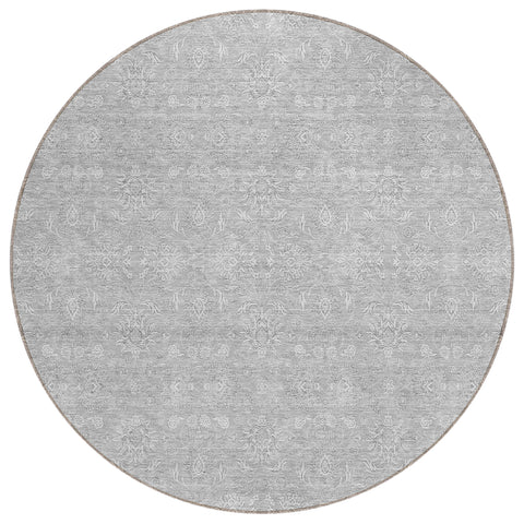 8' Silver Gray And Ivory Round Floral Washable Indoor Outdoor Area Rug