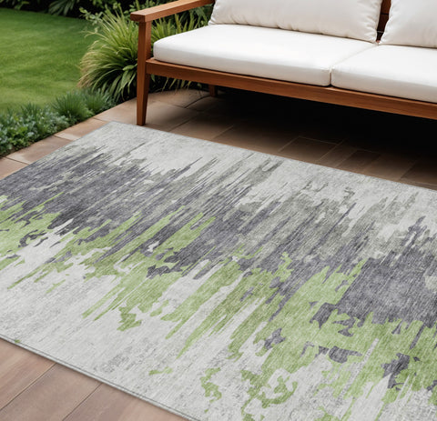 8' X 10' Green And Silver Abstract Washable Indoor Outdoor Area Rug