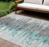 8' X 10' Teal Blue Charcoal And Silver Abstract Washable Indoor Outdoor Area Rug