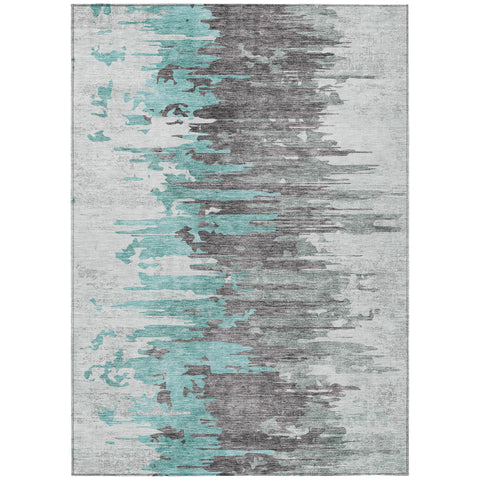 8' X 10' Teal Blue Charcoal And Silver Abstract Washable Indoor Outdoor Area Rug