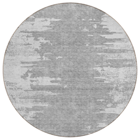8' Silver Gray And Ivory Round Abstract Washable Indoor Outdoor Area Rug