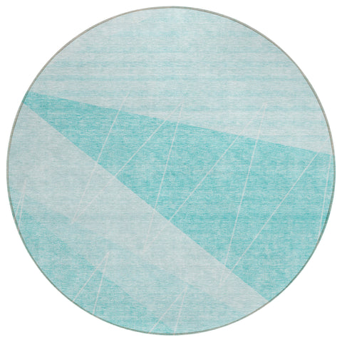 8' Teal Blue Aqua And Ivory Round Geometric Washable Indoor Outdoor Area Rug