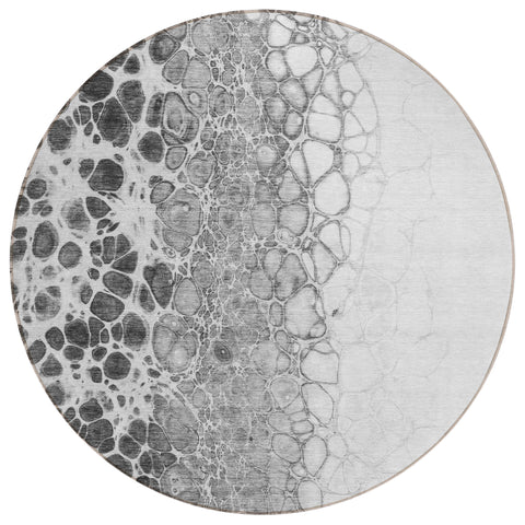 8' Gray Silver And Charcoal Round Abstract Washable Indoor Outdoor Area Rug