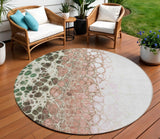 8' Salmon Green And Chocolate Round Abstract Washable Indoor Outdoor Area Rug