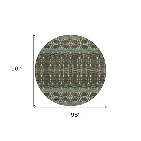 8' Brown Green And Olive Green Round Tribal Washable Indoor Outdoor Area Rug