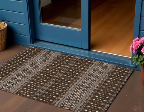 3' X 5' Chocolate Taupe And Copper Tribal Washable Indoor Outdoor Area Rug