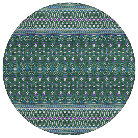 8' Green Blue And Purple Round Tribal Washable Indoor Outdoor Area Rug