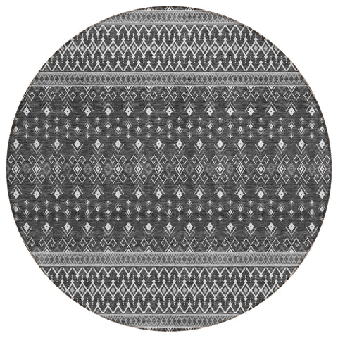 8' Gray Silver And Charcoal Round Tribal Washable Indoor Outdoor Area Rug