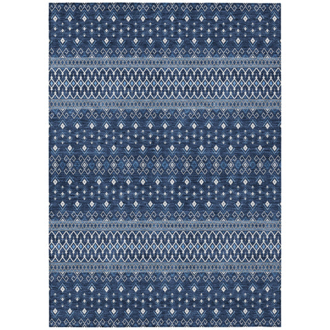 5' X 8' Navy Blue And Denim Blue Tribal Washable Indoor Outdoor Area Rug