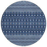 8' Navy Blue And Denim Blue Round Tribal Washable Indoor Outdoor Area Rug