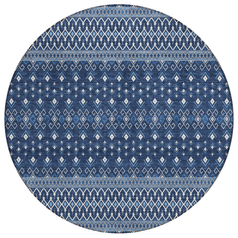8' Navy Blue And Denim Blue Round Tribal Washable Indoor Outdoor Area Rug