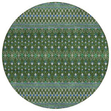 8' Olive Green And Blue Round Tribal Washable Indoor Outdoor Area Rug