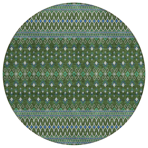 8' Olive Green And Blue Round Tribal Washable Indoor Outdoor Area Rug