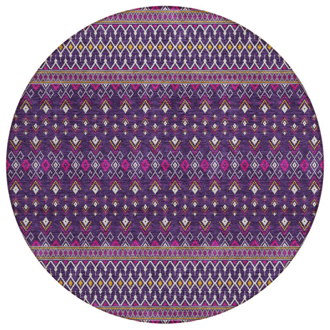 8' Purple Pink And Yellow Round Tribal Washable Indoor Outdoor Area Rug