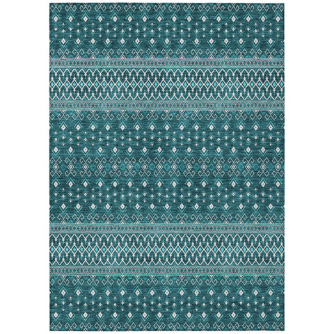 5' X 8' Teal Blue Aqua And Ivory Tribal Washable Indoor Outdoor Area Rug