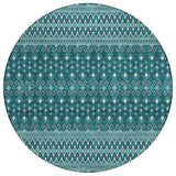 8' Teal Blue Aqua And Ivory Round Tribal Washable Indoor Outdoor Area Rug