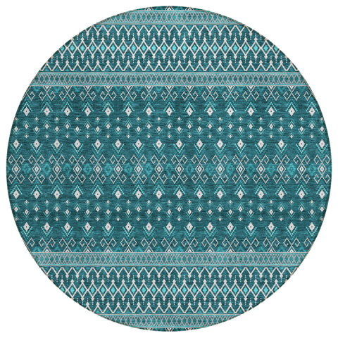 8' Teal Blue Aqua And Ivory Round Tribal Washable Indoor Outdoor Area Rug