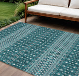 8' X 10' Teal Blue Aqua And Ivory Tribal Washable Indoor Outdoor Area Rug