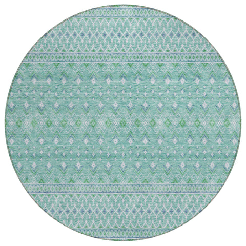8' Aqua Teal Blue And Ivory Round Tribal Washable Indoor Outdoor Area Rug
